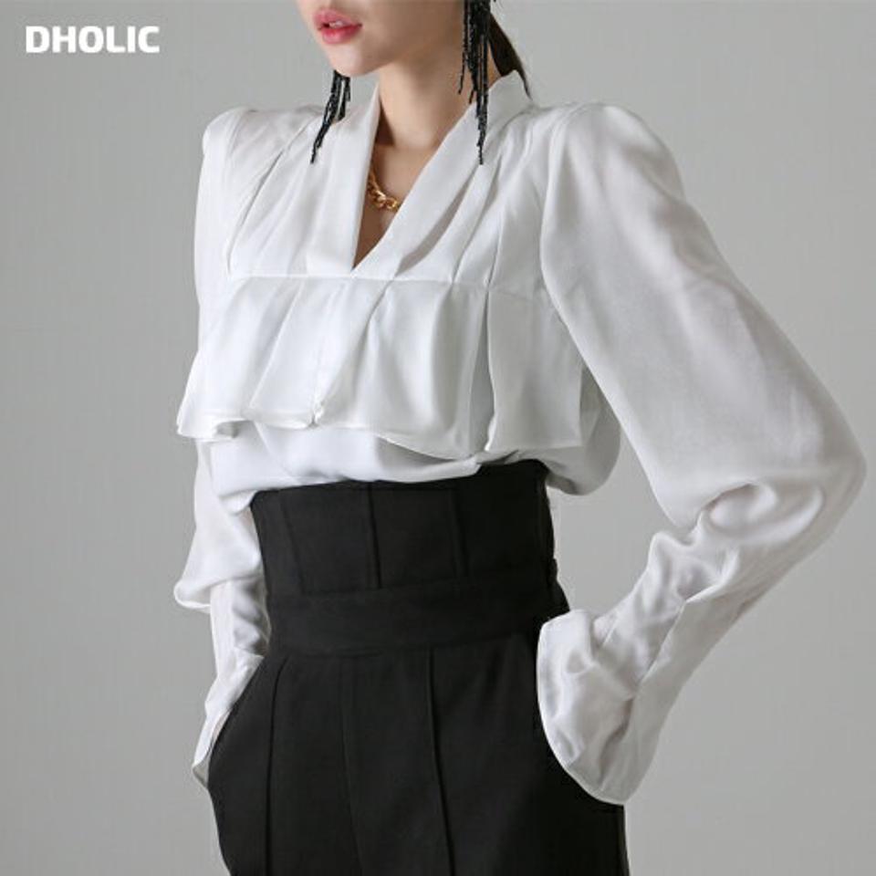 【マケット特価】プリーツフリルVネックブラウス・p000285 レディース 【bl】トップス ブラウス 長袖 フリル Vネック プリーツ フェミニン モード シック 単色 無地 パフスリーブ きれいめ 秋 冬 韓国ファッション MKT セール