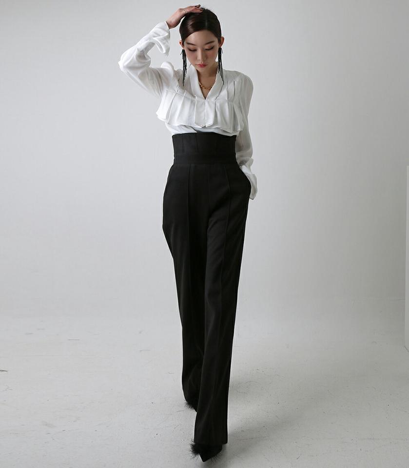 【マケット特価】プリーツフリルVネックブラウス・p000285 レディース 【bl】トップス ブラウス 長袖 フリル Vネック プリーツ フェミニン モード シック 単色 無地 パフスリーブ きれいめ 秋 冬 韓国ファッション MKT セール