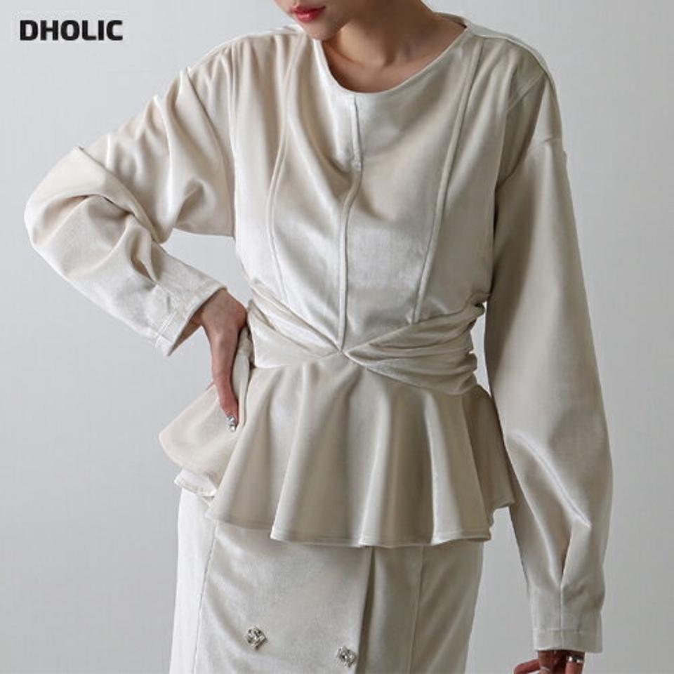 スエード調ギャザーペプラムブラウス・p000287 レディース 【bl】トップス ブラウス 長袖 ペプラム ギャザー フェイクスエード ラウンドネック 単色 無地 シンプル ウエストマーク かわいい 可愛い 秋 冬 韓国ファッション MKT