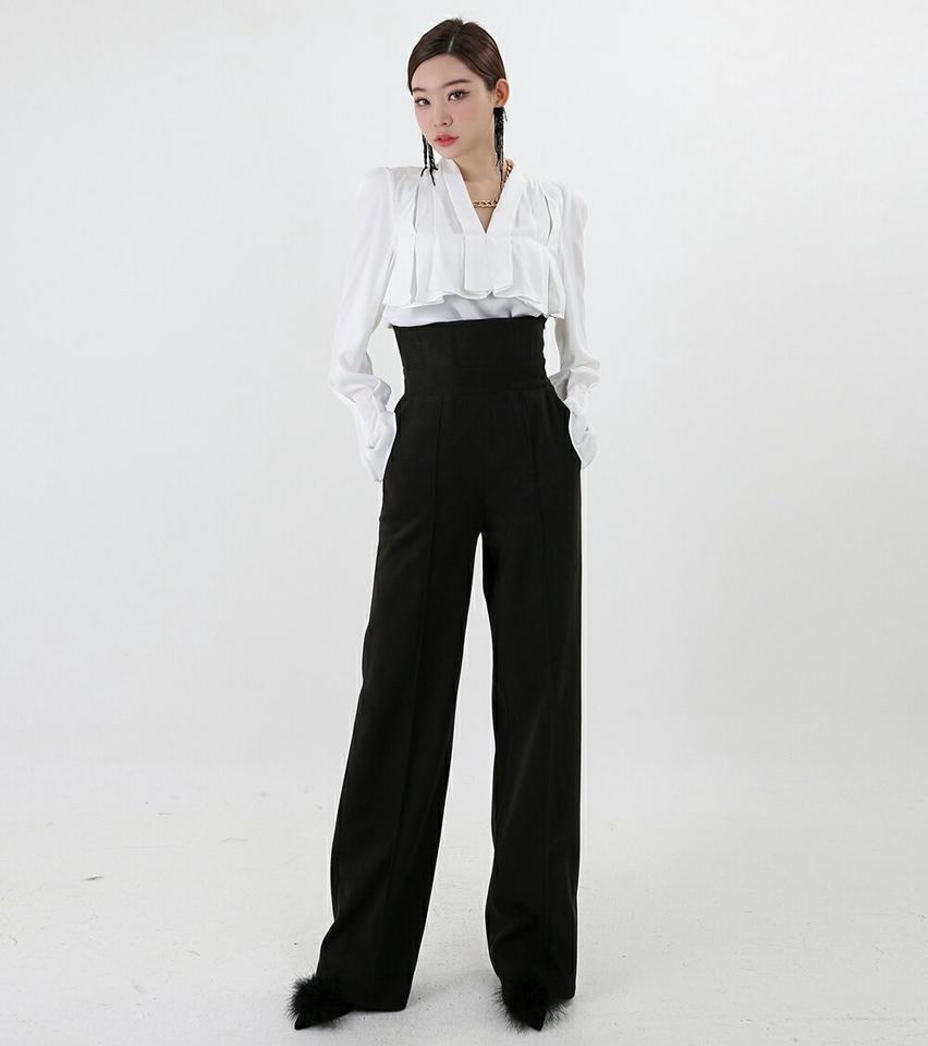 バックボタンハイウエストパンツ・p000286 レディース 【pt】パンツ ズボン ロング ハイウエスト センタープレス フルレングス 単色 無地 シンプル きれいめ 大人 シック 秋 冬 韓国ファッション MKT