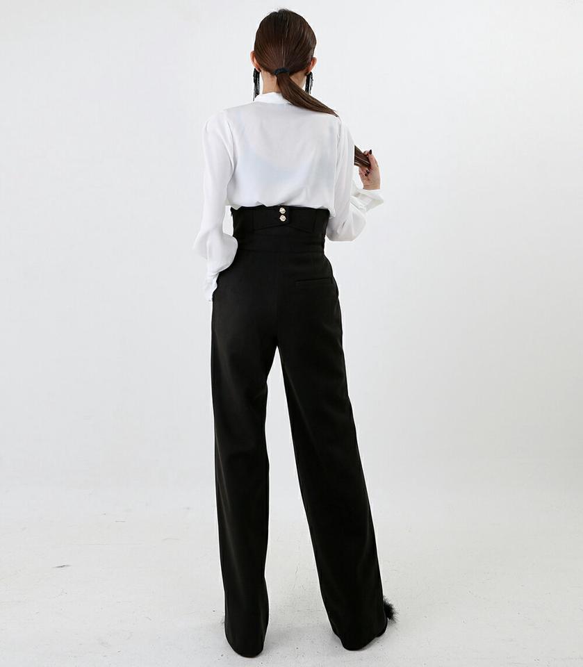 バックボタンハイウエストパンツ・p000286 レディース 【pt】パンツ ズボン ロング ハイウエスト センタープレス フルレングス 単色 無地 シンプル きれいめ 大人 シック 秋 冬 韓国ファッション MKT