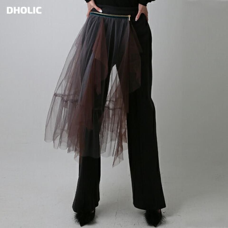 【マケット特価】チュール付スリットスラックス・p000290 レディース 【pt】パンツ ズボン スラックス ロング スリット チュール 透け感 シアー シースルー ユニーク 個性的 かわいい 大人 揺れ感 秋 冬 韓国ファッション MKT セール