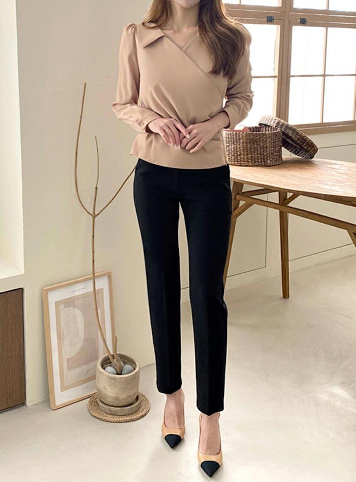 【マケット特価】カシュクールドレープカラーブラウス・p000141 レディース 【bl】トップス ブラウス ドレープ カシュクール 単色 無地 シンプル Vネック きれいめ フェミニン オフィス オケージョン 大人 秋 冬 韓国ファッション MKT セール