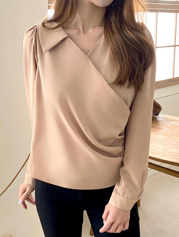 【マケット特価】カシュクールドレープカラーブラウス・p000141 レディース 【bl】トップス ブラウス ドレープ カシュクール 単色 無地 シンプル Vネック きれいめ フェミニン オフィス オケージョン 大人 秋 冬 韓国ファッション MKT セール