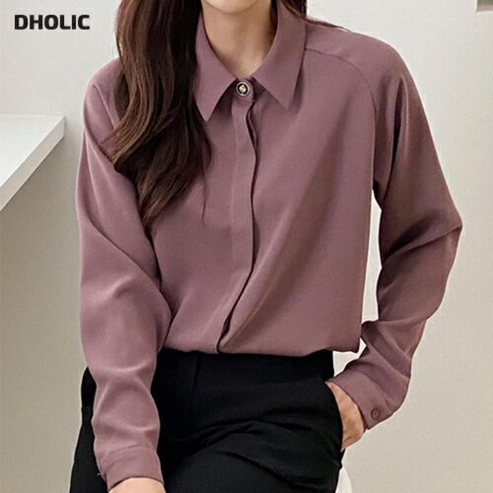 【10%OFF】デザインワンボタンブラウス・p000136 レディース 【bl】トップス ブラウス 長袖 ワンボタン 襟 単色 無地 シンプル 大人 きれいめ 紫 パープル ベーシック オフィス オケージョン 秋 冬 韓国ファッション MKT KWセール