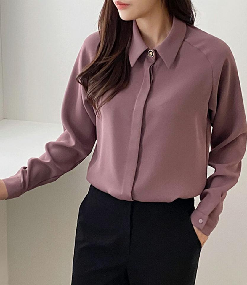 【10%OFF】デザインワンボタンブラウス・p000136 レディース 【bl】トップス ブラウス 長袖 ワンボタン 襟 単色 無地 シンプル 大人 きれいめ 紫 パープル ベーシック オフィス オケージョン 秋 冬 韓国ファッション MKT KWセール