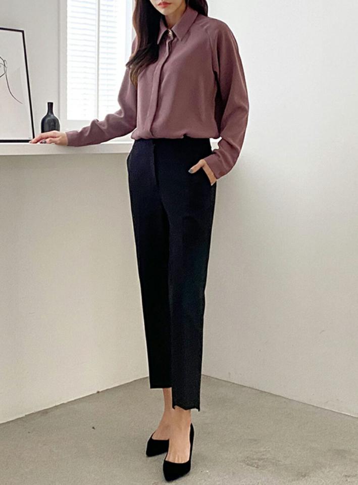 【10%OFF】デザインワンボタンブラウス・p000136 レディース 【bl】トップス ブラウス 長袖 ワンボタン 襟 単色 無地 シンプル 大人 きれいめ 紫 パープル ベーシック オフィス オケージョン 秋 冬 韓国ファッション MKT KWセール