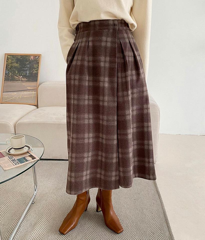 【マケット特価】ウール混チェックフレアパンツ・p000258 レディース 【pt】パンツ ズボン ロング スカンツ チェック柄 ウール フレア カジュアル 季節感 クロップド丈 ブラウン 茶色 秋 冬 韓国ファッション MKT セール