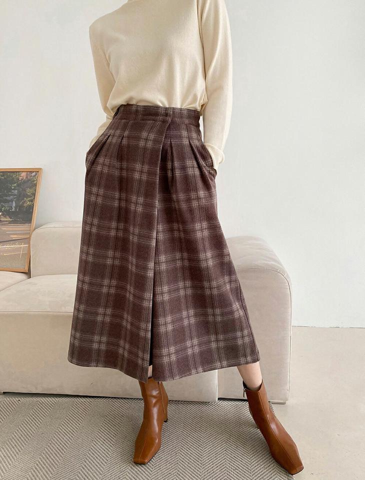 【マケット特価】ウール混チェックフレアパンツ・p000258 レディース 【pt】パンツ ズボン ロング スカンツ チェック柄 ウール フレア カジュアル 季節感 クロップド丈 ブラウン 茶色 秋 冬 韓国ファッション MKT セール