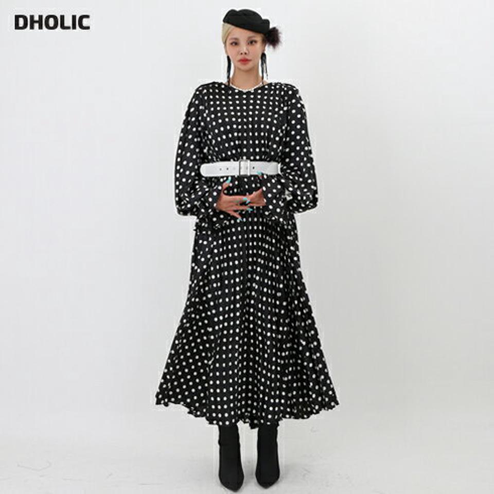 【マケット特価】ベルト付ドットプリーツワンピース・p000279 レディース 【ops】ワンピース ロング丈 プリーツ 長袖 ドット柄 ベルト ラウンドネック 派手 目立つ 大人 フレア 秋 冬 韓国ファッション MKT セール