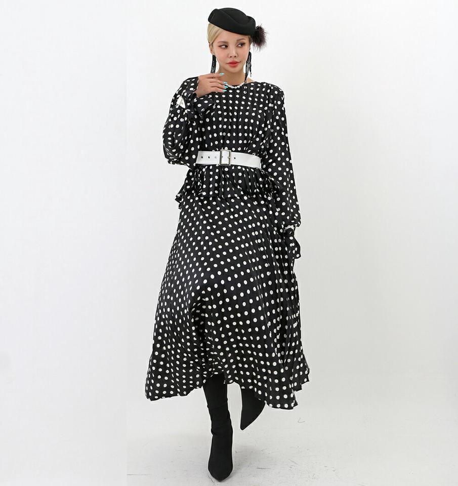 【マケット特価】ベルト付ドットプリーツワンピース・p000279 レディース 【ops】ワンピース ロング丈 プリーツ 長袖 ドット柄 ベルト ラウンドネック 派手 目立つ 大人 フレア 秋 冬 韓国ファッション MKT セール
