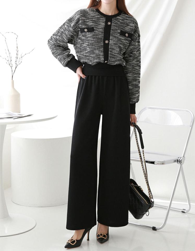 【マケット特価】ツイードスウェット&リブワイドパンツSET・p000032 レディース 【pt】 セットアップ setup トップス トレーナー 長袖 スウェット パンツ ズボン ロング リブ ツイード 大人 ラウンドネック 高級感 秋 冬 韓国ファッション MKT セール