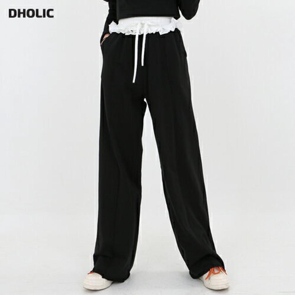 【マケット特価】配色フリルスウェットパンツ・p000269 レディース 【pt】パンツ ズボン ロング スウェット フリル レイヤード風 バイカラー 配色 カジュアル かわいい 可愛い 大人 ワイド 秋 冬 韓国ファッション MKT セール