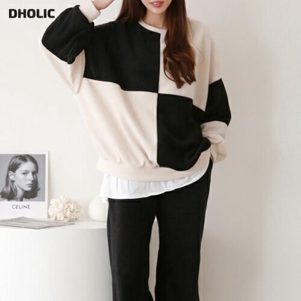 両起毛配色スウェット&ジョガーパンツSET・p000293 レディース 【pt】セットアップ setup トップス スウェット トレーナー 長袖 ブロックチェック 柄 パンツ ズボン ロング 裏起毛 シック カジュアル ラフ 冬 韓国ファッション MKT