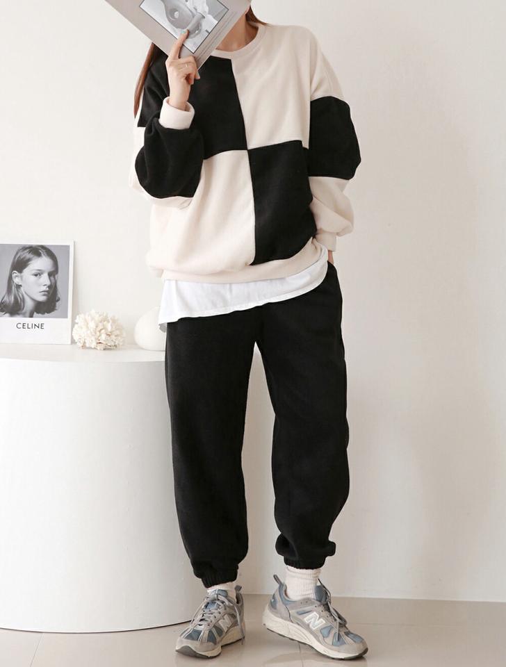 両起毛配色スウェット&ジョガーパンツSET・p000293 レディース 【pt】セットアップ setup トップス スウェット トレーナー 長袖 ブロックチェック 柄 パンツ ズボン ロング 裏起毛 シック カジュアル ラフ 冬 韓国ファッション MKT