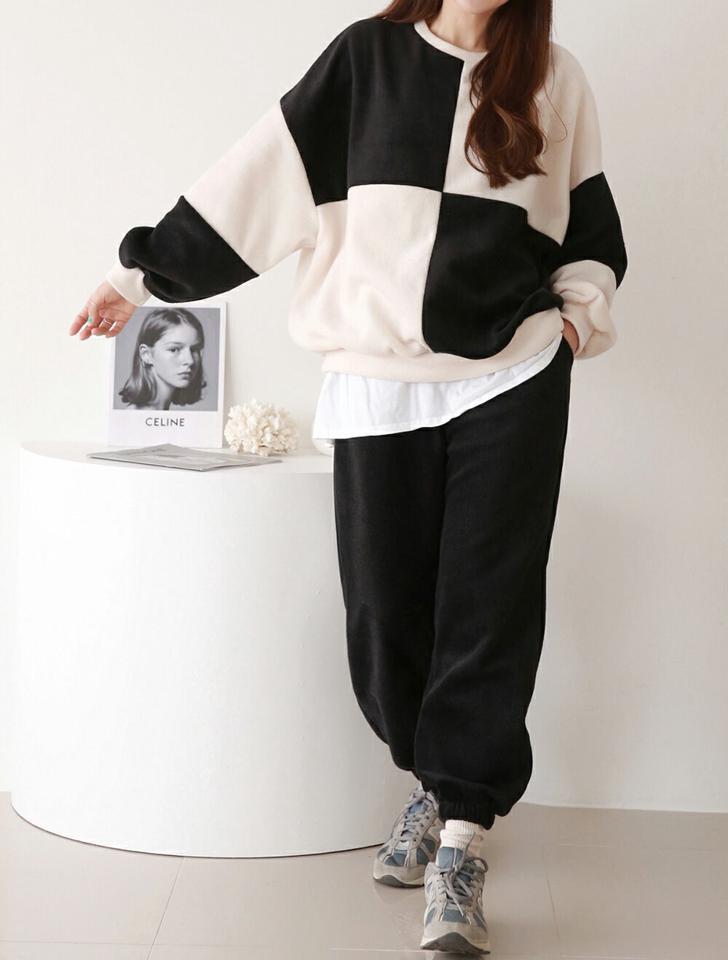 両起毛配色スウェット&ジョガーパンツSET・p000293 レディース 【pt】セットアップ setup トップス スウェット トレーナー 長袖 ブロックチェック 柄 パンツ ズボン ロング 裏起毛 シック カジュアル ラフ 冬 韓国ファッション MKT