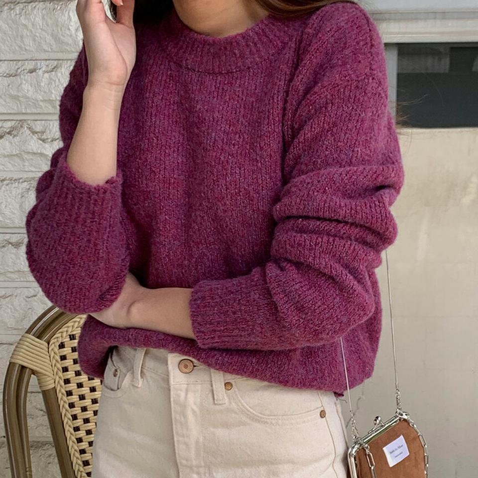 ウール混メランジニット・p000403 レディース 【tops】トップス ニット 長袖 メランジ ラウンドネック カラーニット カジュアル ラフ 大人 紫 パープル 秋 冬 韓国ファッション MKT