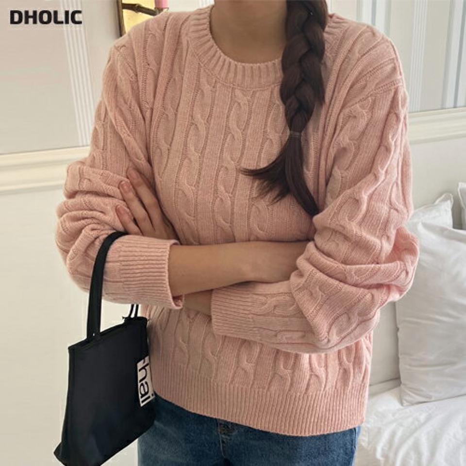 ウール混ラウンドネックケーブルニット・p000407 レディース 【tops】トップス ニット 長袖 ケーブル編み ラウンドネック ピンク カラーニット 大人 カジュアル ラフ 秋 冬 韓国ファッション MKT
