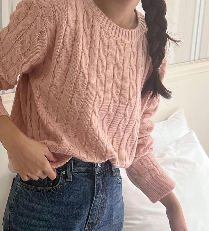 ウール混ラウンドネックケーブルニット・p000407 レディース 【tops】トップス ニット 長袖 ケーブル編み ラウンドネック ピンク カラーニット 大人 カジュアル ラフ 秋 冬 韓国ファッション MKT