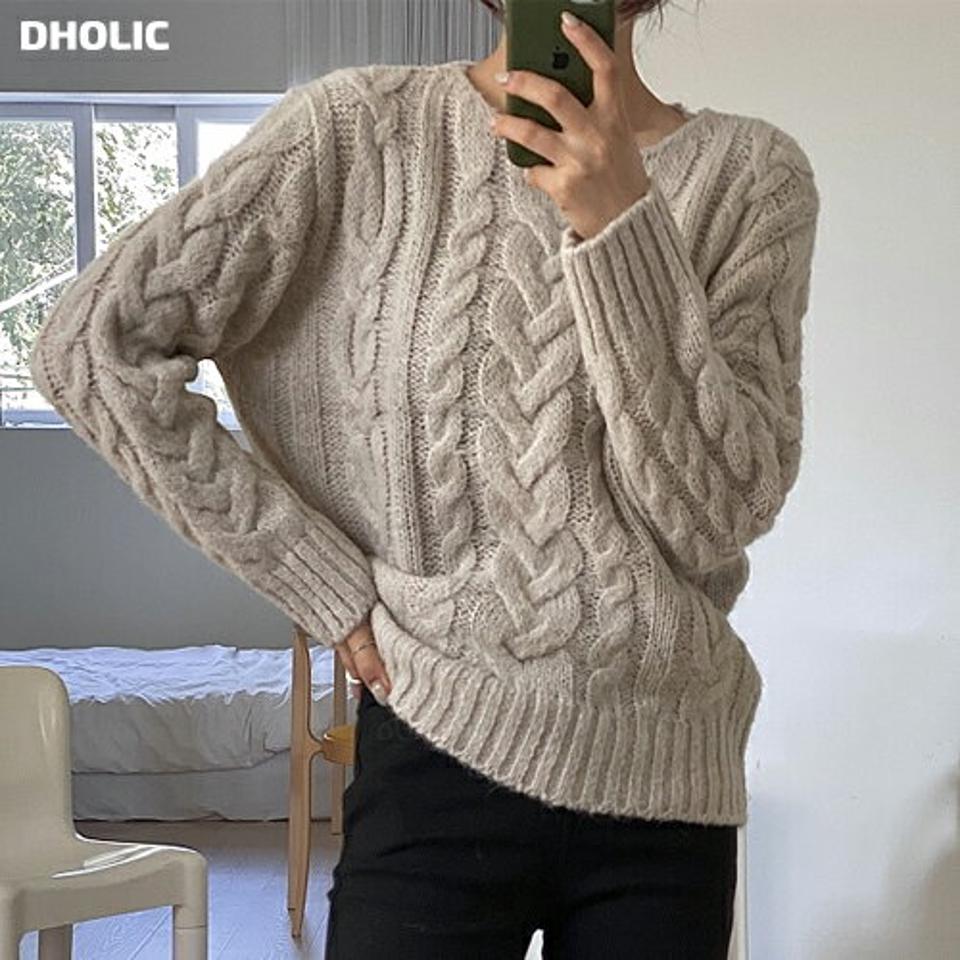 アルパカ混ケーブルニット・p000362 レディース 【tops】トップス ニット 長袖 ケーブル編み アルパカ ラウンドネック カジュアル ラフ 大人 秋 冬 韓国ファッション MKT