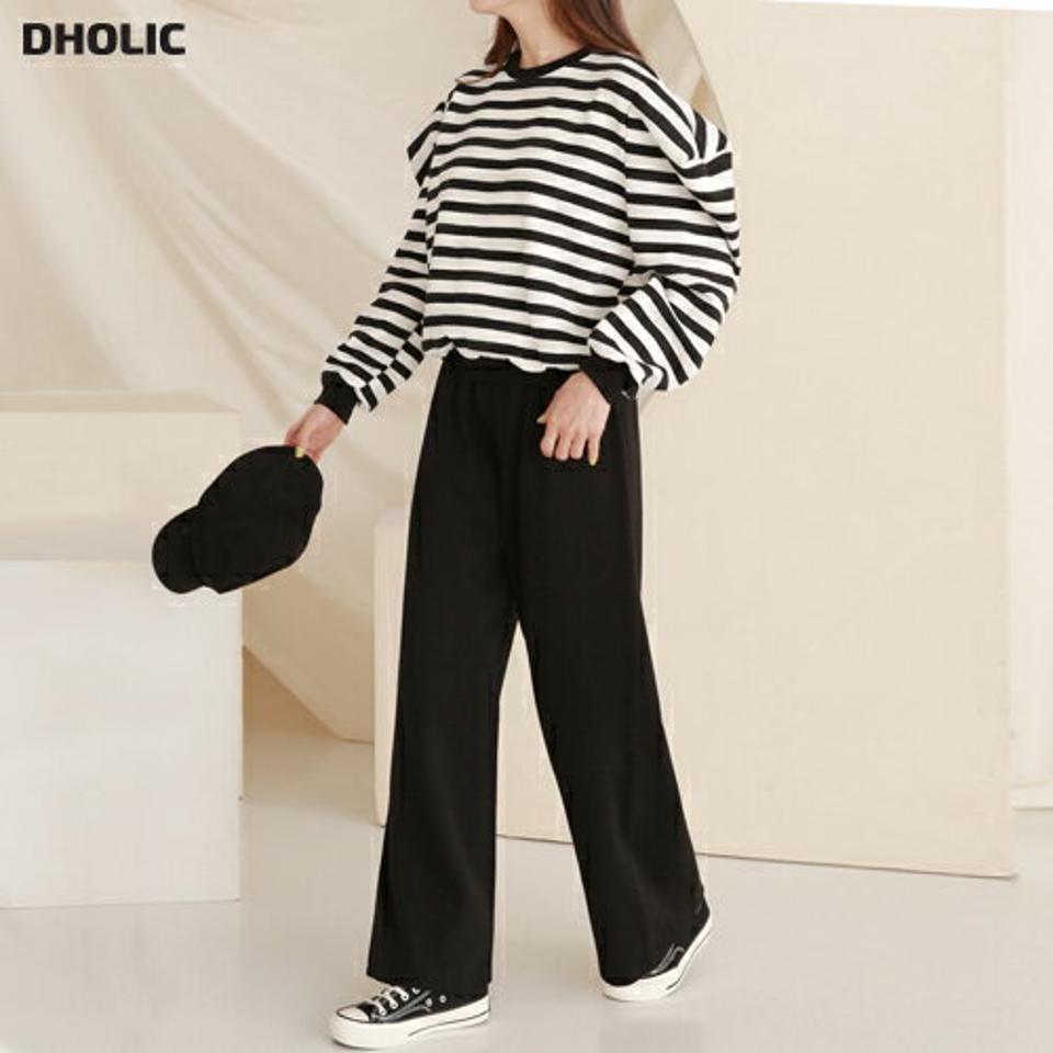 【マケット特価】裏起毛ボーダースウェット&ワイドパンツSET・p000389 レディース 【pt】セット トップス スウェット トレーナー 長袖 ボーダー柄 裏起毛 袖コン パンツ ズボン ロング ワイド 単色 無地 シンプル ラフ カジュアル 冬 韓国ファッション MKT セール