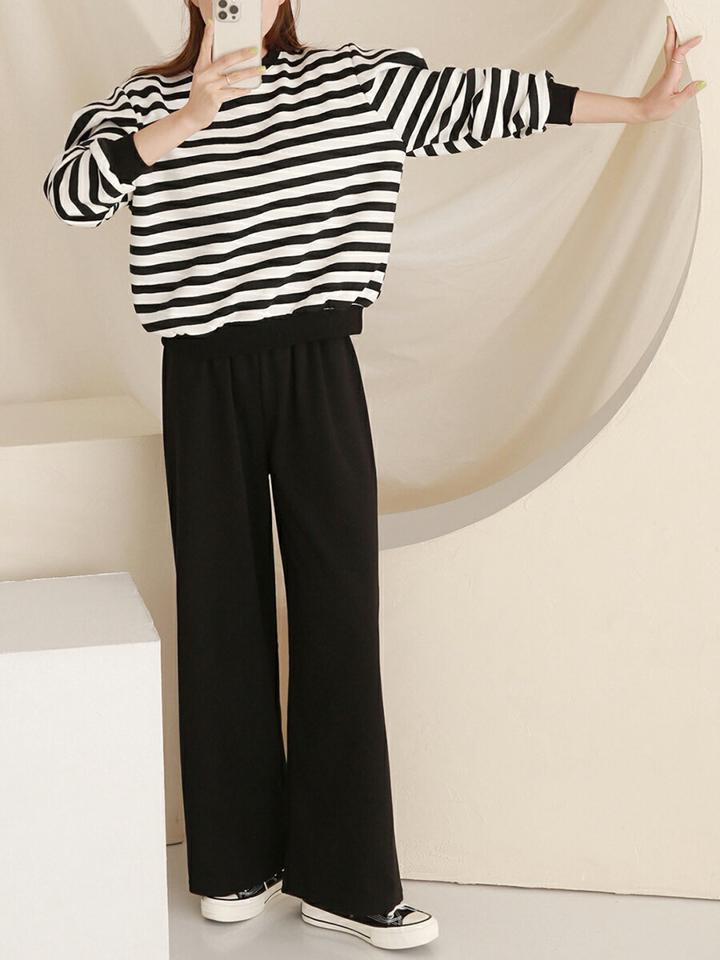 【マケット特価】裏起毛ボーダースウェット&ワイドパンツSET・p000389 レディース 【pt】セット トップス スウェット トレーナー 長袖 ボーダー柄 裏起毛 袖コン パンツ ズボン ロング ワイド 単色 無地 シンプル ラフ カジュアル 冬 韓国ファッション MKT セール