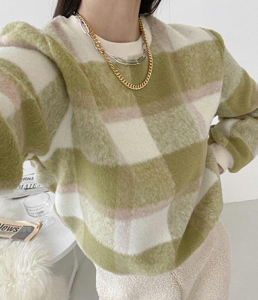 ウール混ソフトタッチチェックスウェット・p000411 レディース 【tops】トップス スウェット トレーナー 長袖 チェック柄 ソフト ラウンドネック 黄緑 グリーン グレンチェック かわいい 可愛い 冬 韓国ファッション MKT