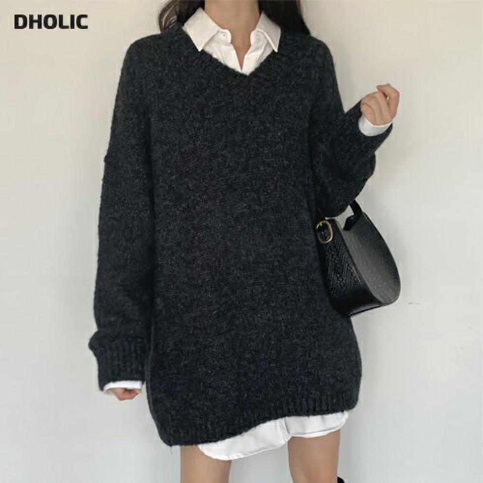 メランジVネックニット・p000419 レディース 【tops】トップス ニット 長袖 単色 無地 シンプル ベーシック メランジ Vネック 鎖骨 デコルテ 秋 冬 カジュアル ラフ かわいい 可愛い パステル 韓国ファッション MKT