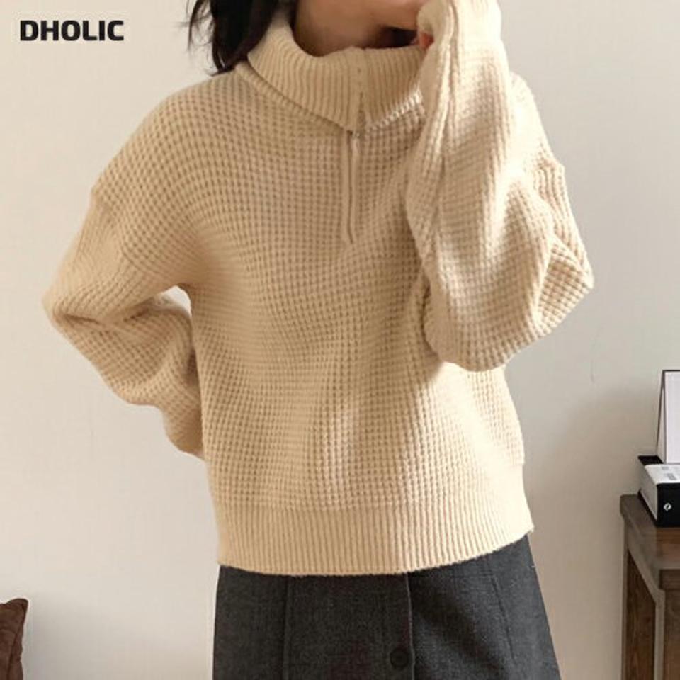 2WAYジップアップニット・p000417 レディース 【tops】トップス ニット 長袖 単色 柄 模様 ワッフル ジップアップ 2WAY ハイネック カラーネック ドロップショルダー ルーズ ゆったり 秋 冬 カジュアル 韓国ファッション MKT