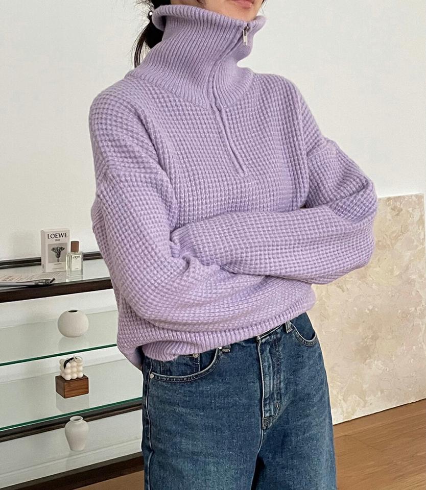 2WAYジップアップニット・p000417 レディース 【tops】トップス ニット 長袖 単色 柄 模様 ワッフル ジップアップ 2WAY ハイネック カラーネック ドロップショルダー ルーズ ゆったり 秋 冬 カジュアル 韓国ファッション MKT