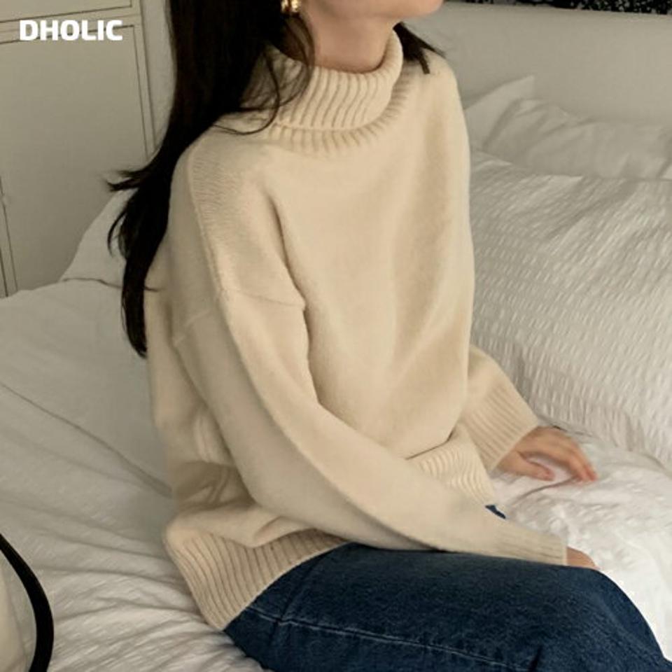 タートルネックリブヘムニット・p000416 レディース 【tops】トップス ニット 長袖 単色 無地 シンプル ベーシック リブ タートルネック 秋 冬 カジュアル ドロップショルダー ラフ 韓国ファッション MKT