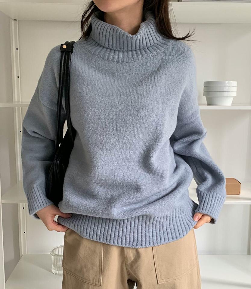 タートルネックリブヘムニット・p000416 レディース 【tops】トップス ニット 長袖 単色 無地 シンプル ベーシック リブ タートルネック 秋 冬 カジュアル ドロップショルダー ラフ 韓国ファッション MKT