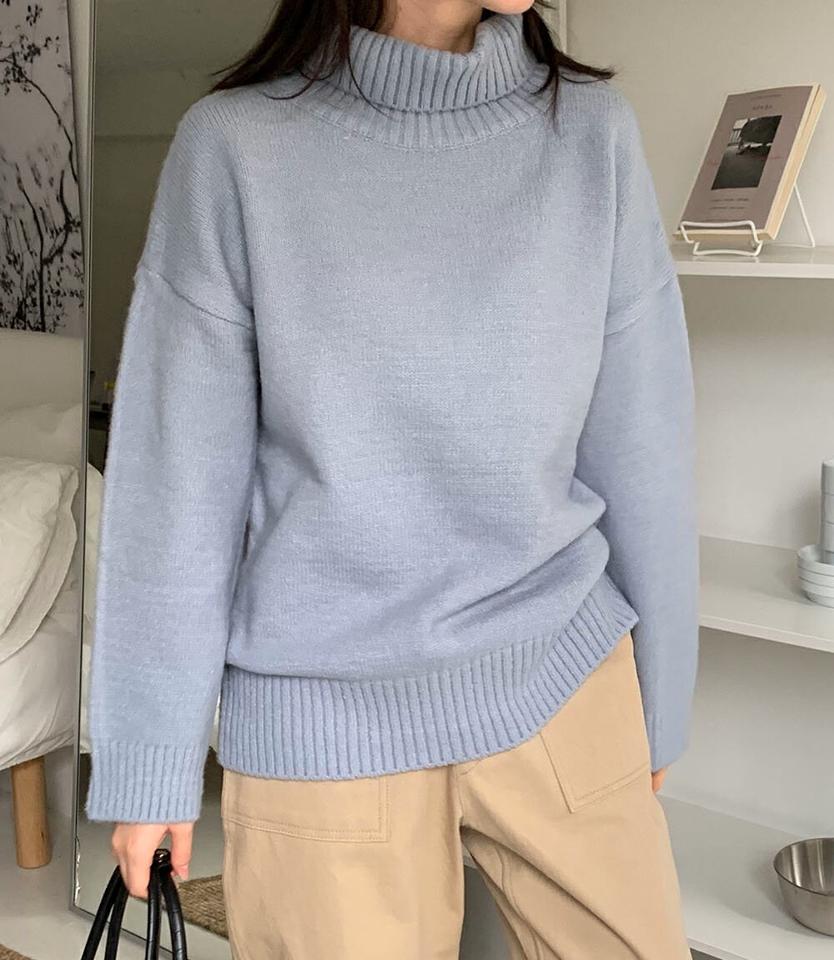 タートルネックリブヘムニット・p000416 レディース 【tops】トップス ニット 長袖 単色 無地 シンプル ベーシック リブ タートルネック 秋 冬 カジュアル ドロップショルダー ラフ 韓国ファッション MKT