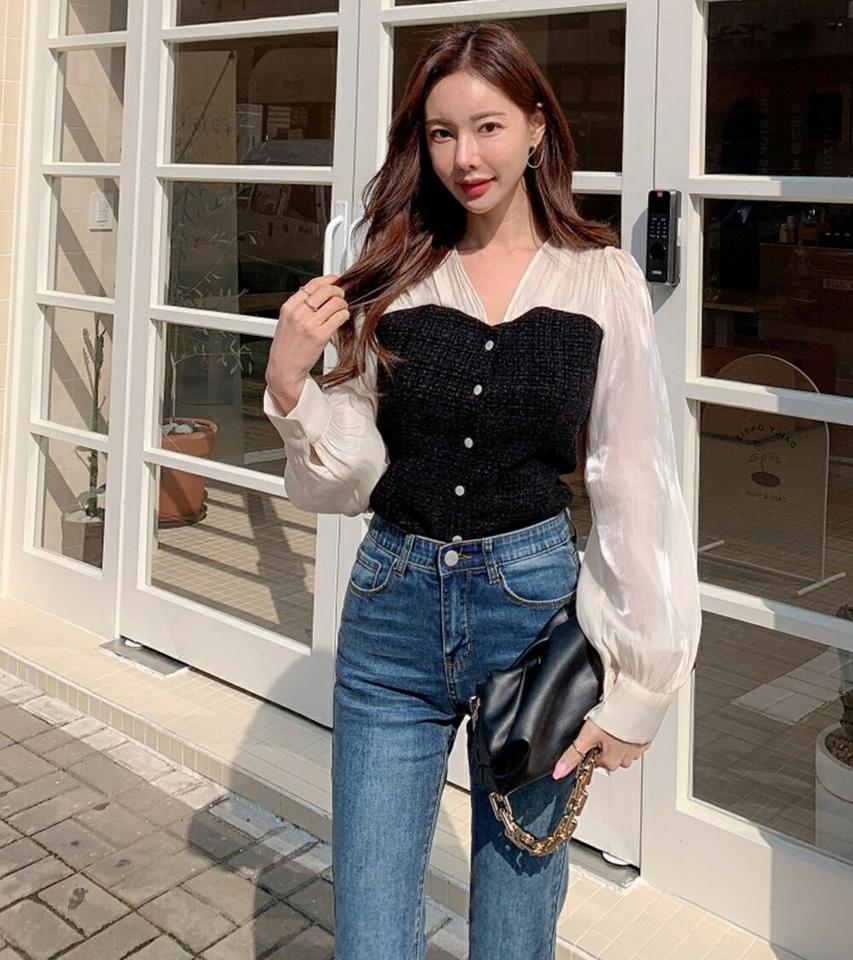 ウール混ツイードシアースリーブブラウス・p000406 レディース 【bl】ブラウス トップス 柄 模様 配色 異素材 ウール混 ツイード シアー シースルー 透け感 Vネック 鎖骨 デコルテ 秋 冬 フェミニン 大人 韓国ファッション MKT