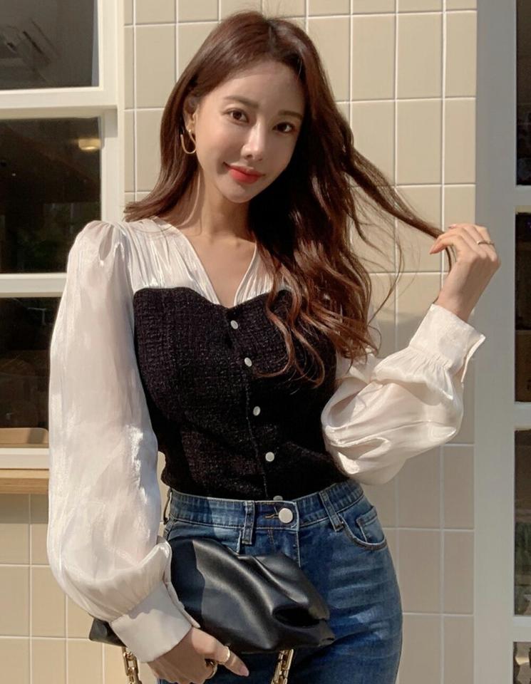 ウール混ツイードシアースリーブブラウス・p000406 レディース 【bl】ブラウス トップス 柄 模様 配色 異素材 ウール混 ツイード シアー シースルー 透け感 Vネック 鎖骨 デコルテ 秋 冬 フェミニン 大人 韓国ファッション MKT