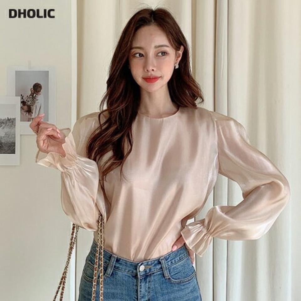 キャンディスリーブシルキーブラウス・p000404 レディース 【bl】ブラウス トップス 長袖 単色 無地 シンプル ベーシック パフ袖 パフスリーブ シルキー 光沢 ツヤ 艶 秋 冬 フェミニン キュート かわいい 可愛い 韓国ファッション MKT