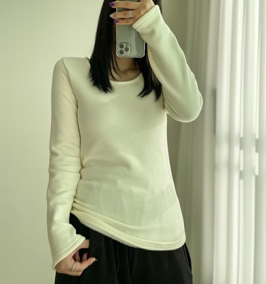 エコファー裏地長袖Tシャツ・p000340 レディース 【tops】トップス Tシャツ 長袖 単色 無地 シンプル ベーシック 裏起毛 エコファー 厚手 秋 冬 カジュアル 韓国ファッション MKT
