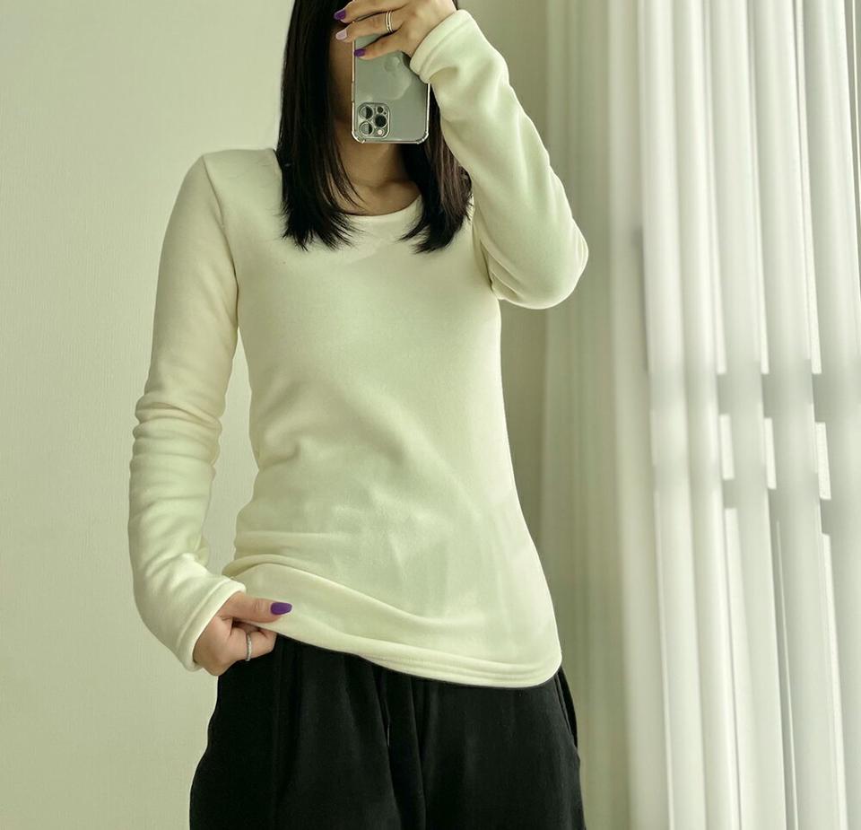 エコファー裏地長袖Tシャツ・p000340 レディース 【tops】トップス Tシャツ 長袖 単色 無地 シンプル ベーシック 裏起毛 エコファー 厚手 秋 冬 カジュアル 韓国ファッション MKT