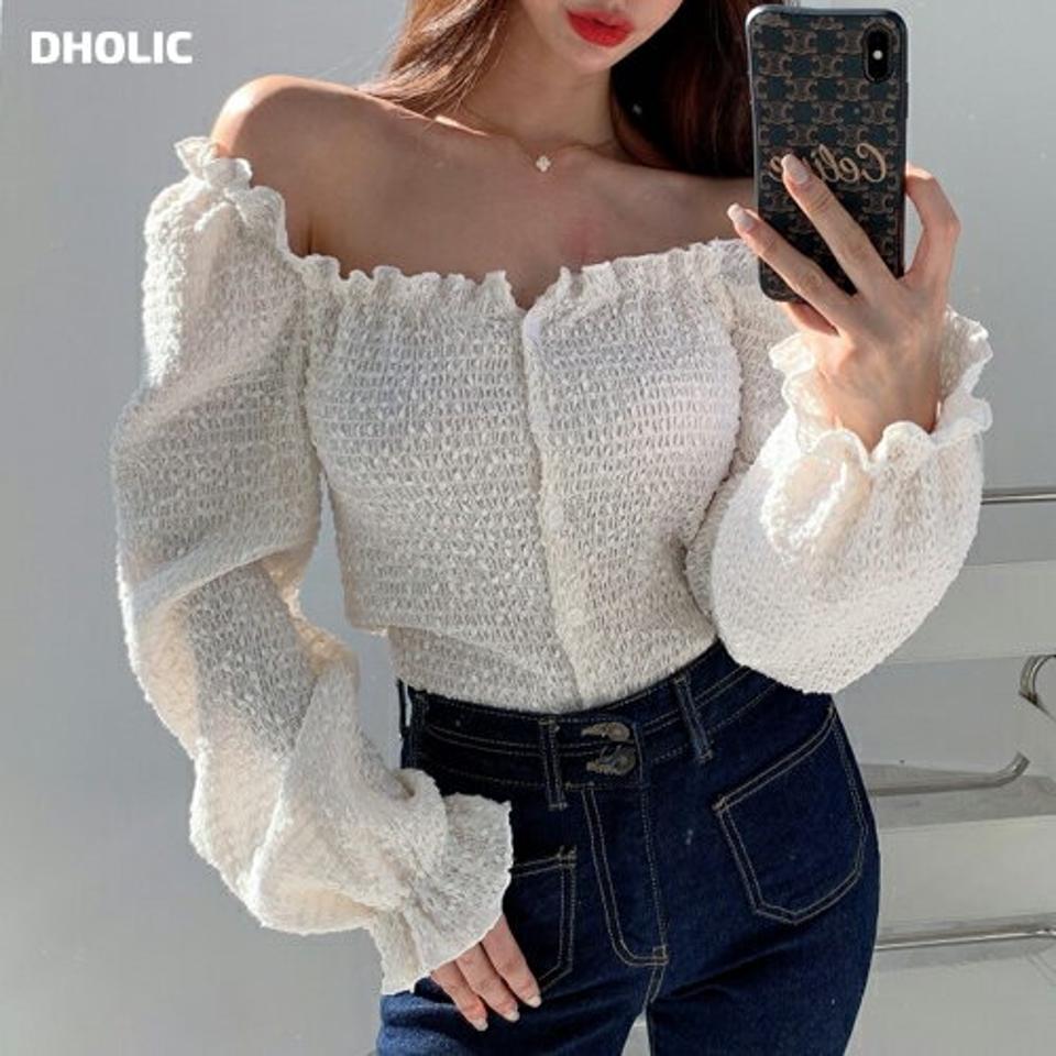 2WAYシャーリングブラウス・p000395 レディース 【bl】ブラウス トップス 長袖 柄 模様 リンクル シャーリング 2WAY スクエアネック オフショルダー 鎖骨 デコルテ 秋 冬 フェミニン キュート ラブリー 韓国ファッション MKT