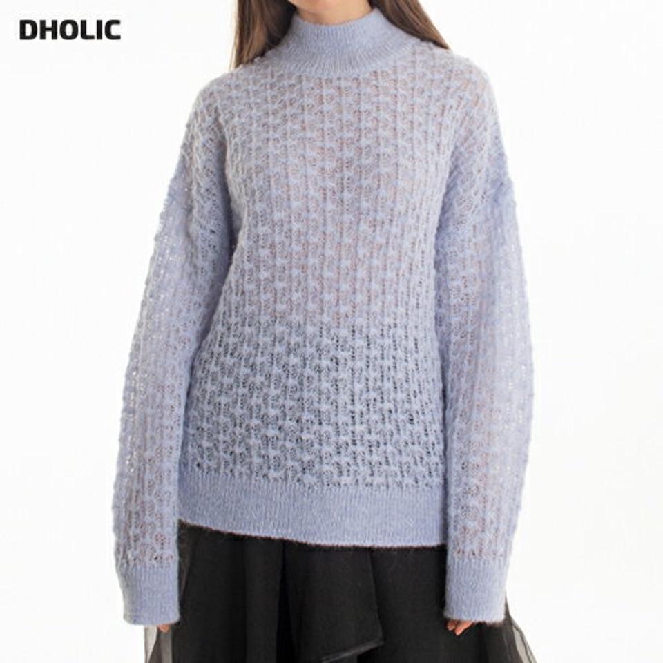 アルパカ混パターンニット・p000385 レディース 【tops】トップス ニット 長袖 単色 無地 シンプル ベーシック アルパカ混 パステル 透け感 シアー シースルー 秋 冬 カジュアル ハーフネック モックネック 韓国ファッション MKT