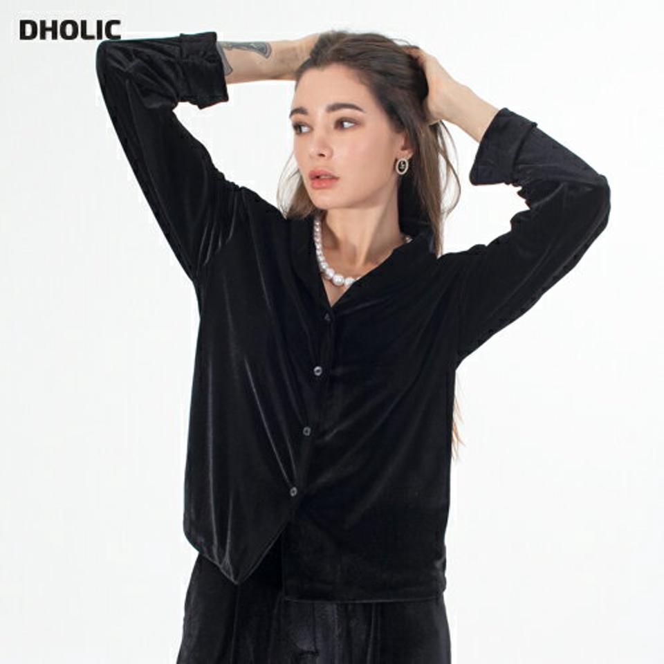 オープンカラーベロアシャツ・p000380 レディース 【bl】シャツ トップス 長袖 ベロア 単色 無地 シンプル ベーシック 襟 えり オープン襟 秋 冬 艶 ツヤ 光沢 大人 かわいい 可愛い 韓国ファッション MKT