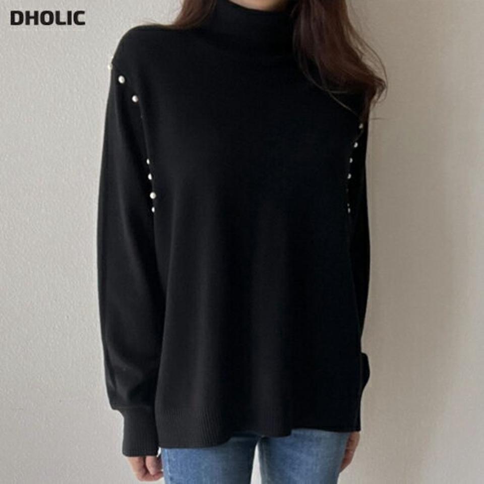 ウール混パール調ラインタートルニット・p000378 レディース 【tops】トップス ニット 長袖 単色 無地 シンプル ベーシック ウール混 パール調 フェイクパール タートルネック 秋 冬 キュート カジュアル 韓国ファッション MKT