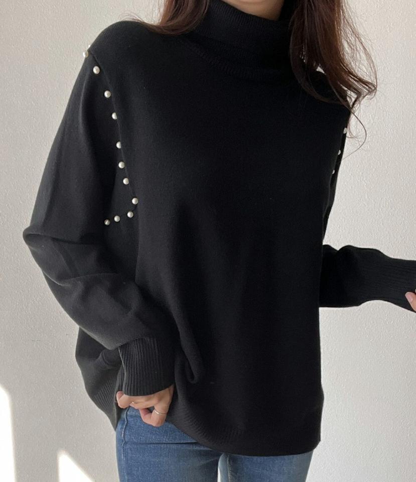 ウール混パール調ラインタートルニット・p000378 レディース 【tops】トップス ニット 長袖 単色 無地 シンプル ベーシック ウール混 パール調 フェイクパール タートルネック 秋 冬 キュート カジュアル 韓国ファッション MKT