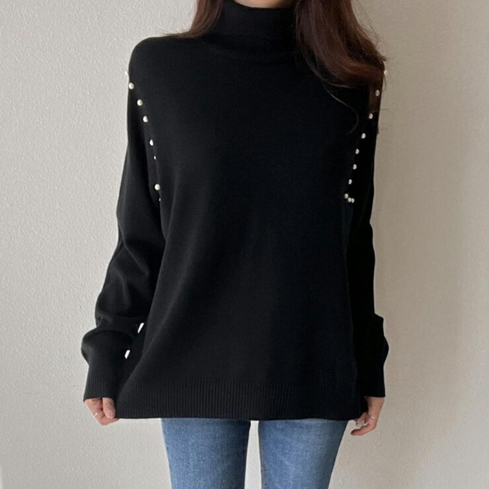 ウール混パール調ラインタートルニット・p000378 レディース 【tops】トップス ニット 長袖 単色 無地 シンプル ベーシック ウール混 パール調 フェイクパール タートルネック 秋 冬 キュート カジュアル 韓国ファッション MKT