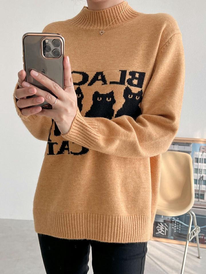 ウール混CATSハーフネックニット・p000370 レディース 【tops】トップス ニット 長袖 柄 模様 ハーフネック モックネック 猫 キャット ねこ ウール混 秋 冬 カジュアル ラフ かわいい 可愛い キュート 韓国ファッション MKT
