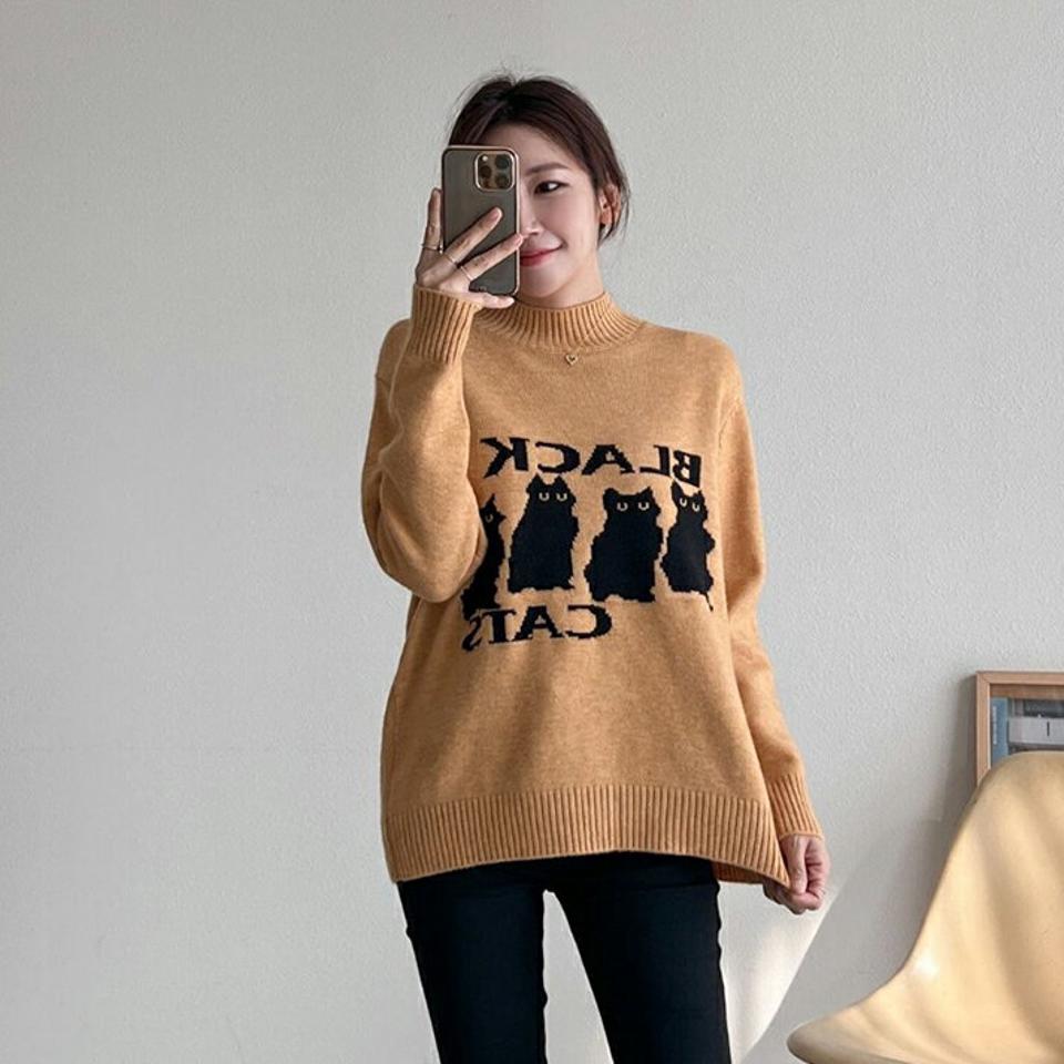 ウール混CATSハーフネックニット・p000370 レディース 【tops】トップス ニット 長袖 柄 模様 ハーフネック モックネック 猫 キャット ねこ ウール混 秋 冬 カジュアル ラフ かわいい 可愛い キュート 韓国ファッション MKT