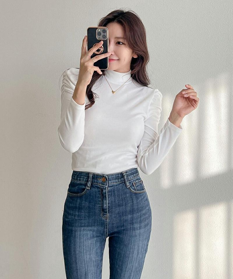 ハーフネックギャザーパフ長袖Tシャツ・p000354 レディース 【tops】トップス Tシャツ 長袖 単色 無地 シンプル ベーシック ハーフネック パフ袖 パフスリーブ 秋 冬 カジュアル かわいい 可愛い フェミニン 韓国ファッション MKT