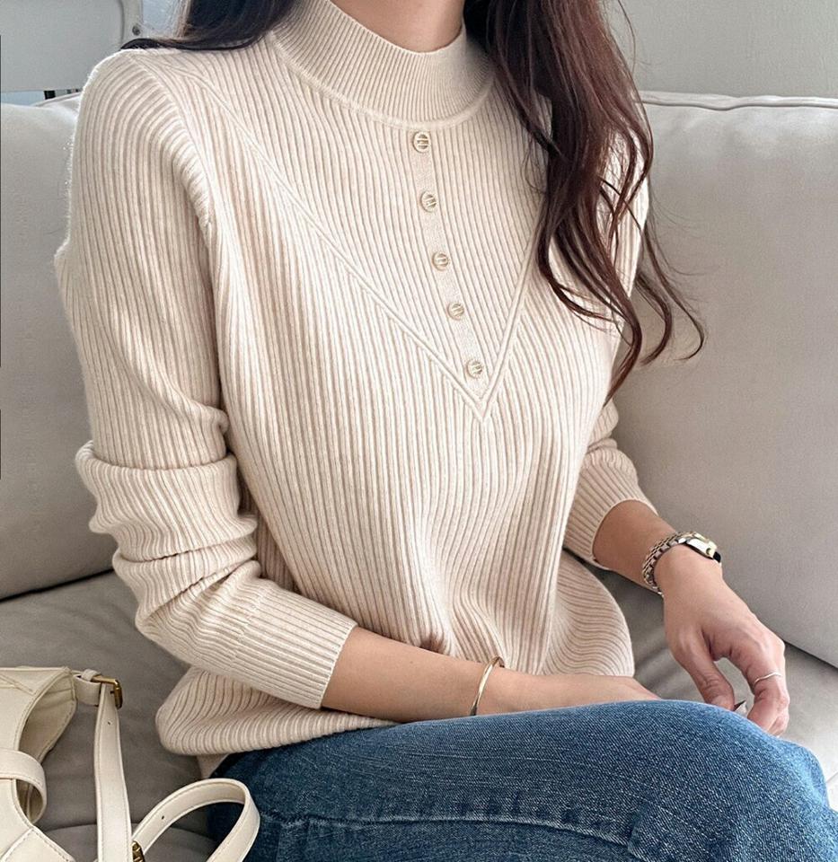 【マケット特価】ウール混ボタンハーフネックリブニット・p000367 レディース 【tops】トップス ニット 長袖 単色 無地 シンプル ベーシック リブ ウール混 ハーフネック モックネック 秋 冬 かわいい 可愛い 韓国ファッション MKT セール