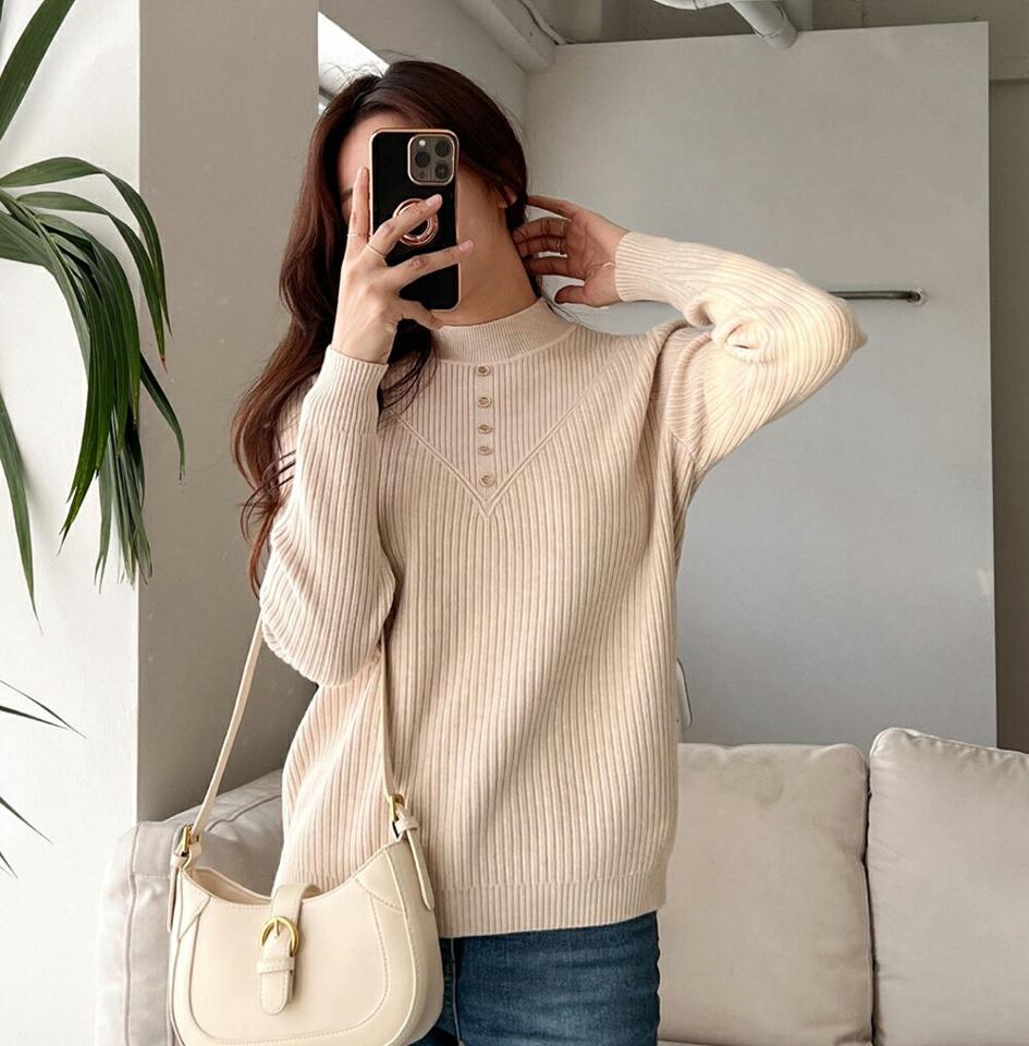 【マケット特価】ウール混ボタンハーフネックリブニット・p000367 レディース 【tops】トップス ニット 長袖 単色 無地 シンプル ベーシック リブ ウール混 ハーフネック モックネック 秋 冬 かわいい 可愛い 韓国ファッション MKT セール