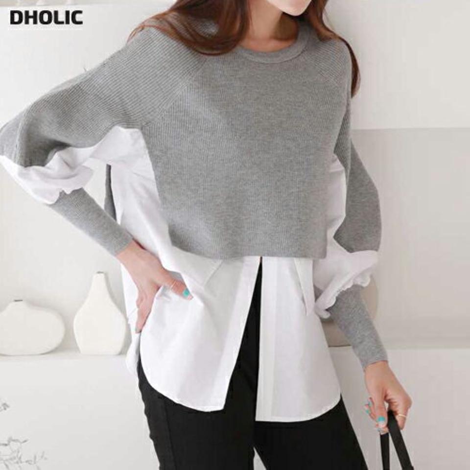 ドッキングリブ長袖Tシャツ・p000346 レディース 【tops】トップス Tシャツ 長袖 リブ ドッキング 異素材 レイヤード ラウンドネック シック カジュアル スリット シャツ 袖コン 秋 冬 韓国ファッション MKT